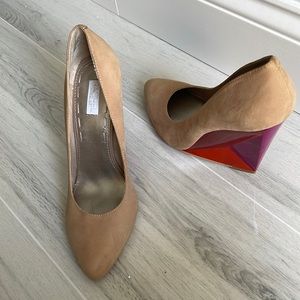Nude Suede Wedge With Red Pink Orange Heel - Rachel Roy